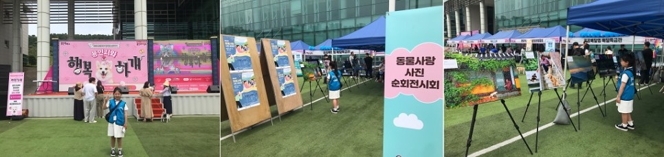 반려동물 문화축제의 전면 무대와 동물 사랑 사진 전시회 모습 