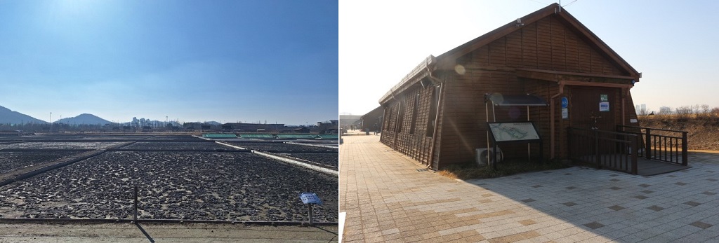 옛 염전 터(왼쪽)와 소금 창고의 모습