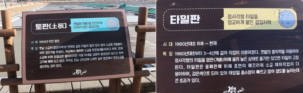 시대별 소금판의 변천과 소금의 채취 방식, 소금 결정의 차이 등을 설명한 안내판