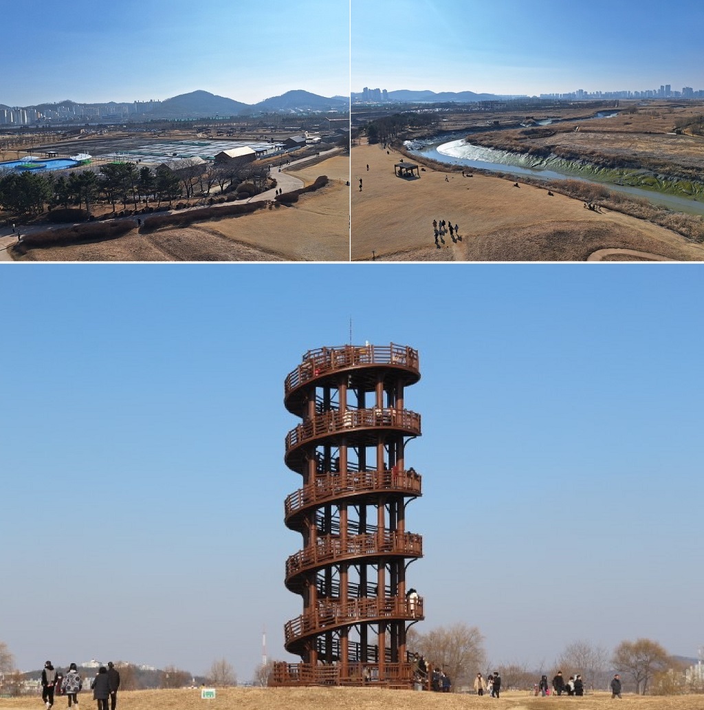 시흥갯골생태공원의 랜드마크인 흔들전망대와 전망대에서 바라본 갯골생태공원의 모습. 전망대의 모양은 바람이 휘몰아치는 모습을 형상화한 것으로 역동성을 상징한다.