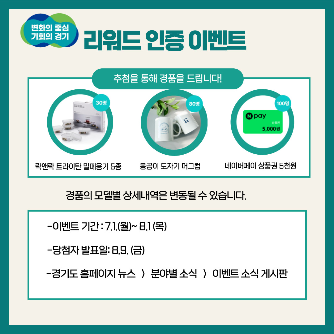 리워드 인증 이벤트 추첨을 통해 경품을 드립니다! 락앤락 트라이탄 밀폐용기 6종, 봉공이 도자기 머그컵, 네이버페이 상품권 5천원 경품의 모델별 상세내역은 변동될 수 있습니다. -이벤트 기간: 7.1.(월) ~ 8.1.(목) -당첨자 발표일:(8.9.(금) -경기도 홈페이지 뉴스 -> 분야별 소식 -> 이벤트 소식 게시판