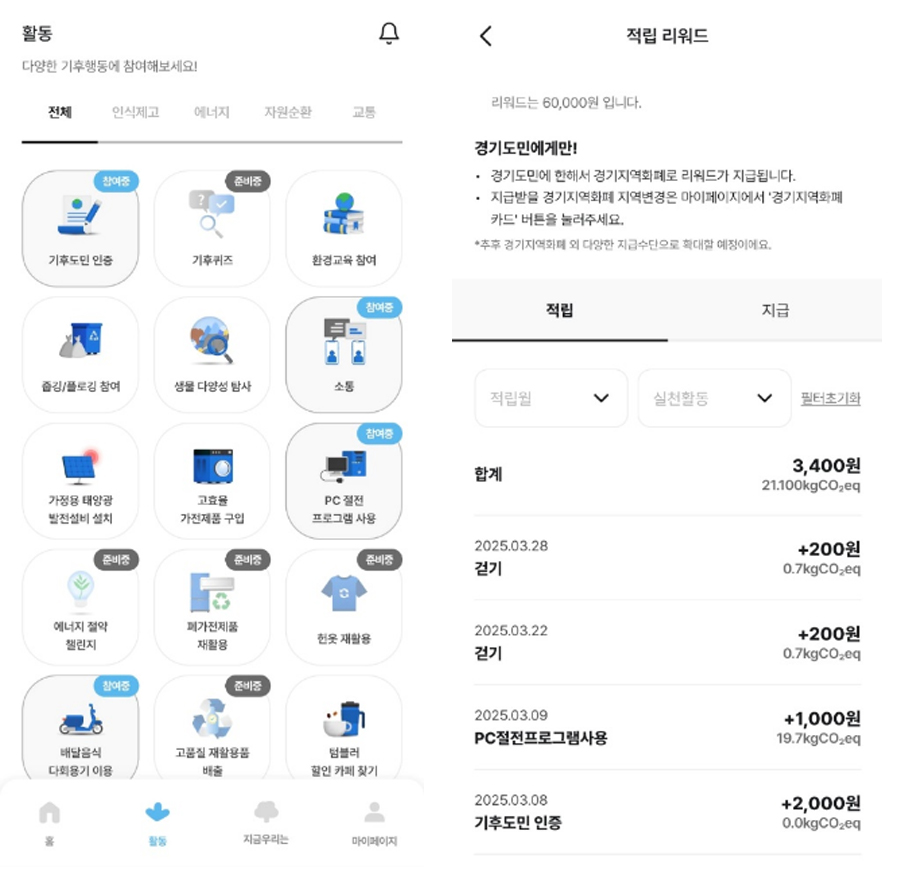 여러 탄소중립 활동 및 실천 시 리워드 적립 내역
