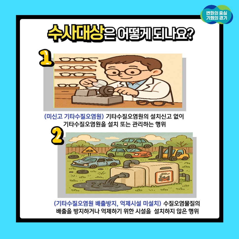 수사대상은 어떻게 되나요? ▲기타수질오염원의 설치신고 없이 기타수질오염원을 설치 또는 관리하는 행위 ▲수질오염물질의 배출을 방지하거나 억제하기 위한 시설을 설치하지 않은 행위 등입니다.