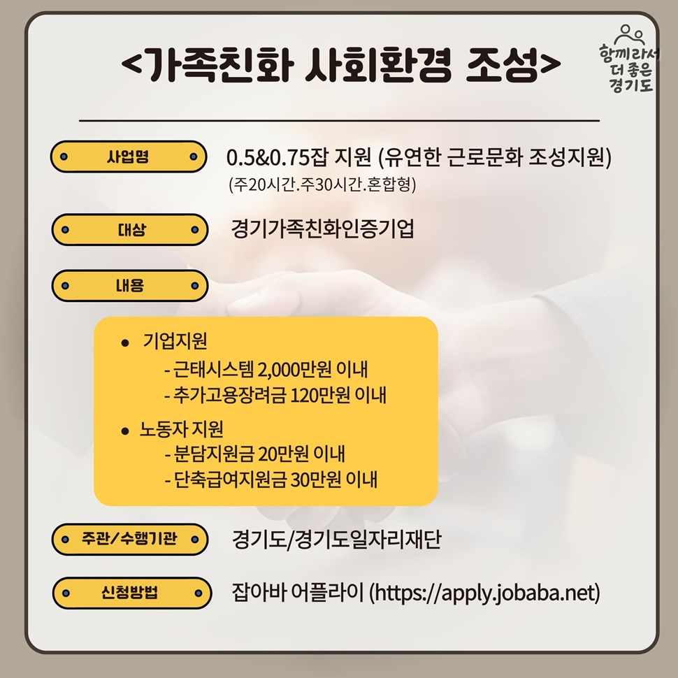 <가족친화 사회환경 조성>사업은 경기가족친화인증기업을 대상으로 하며, 0.5&0.7잡 지원을 통해 유연한 근로문화 조성에 주안점을 두고 시행됩니다.