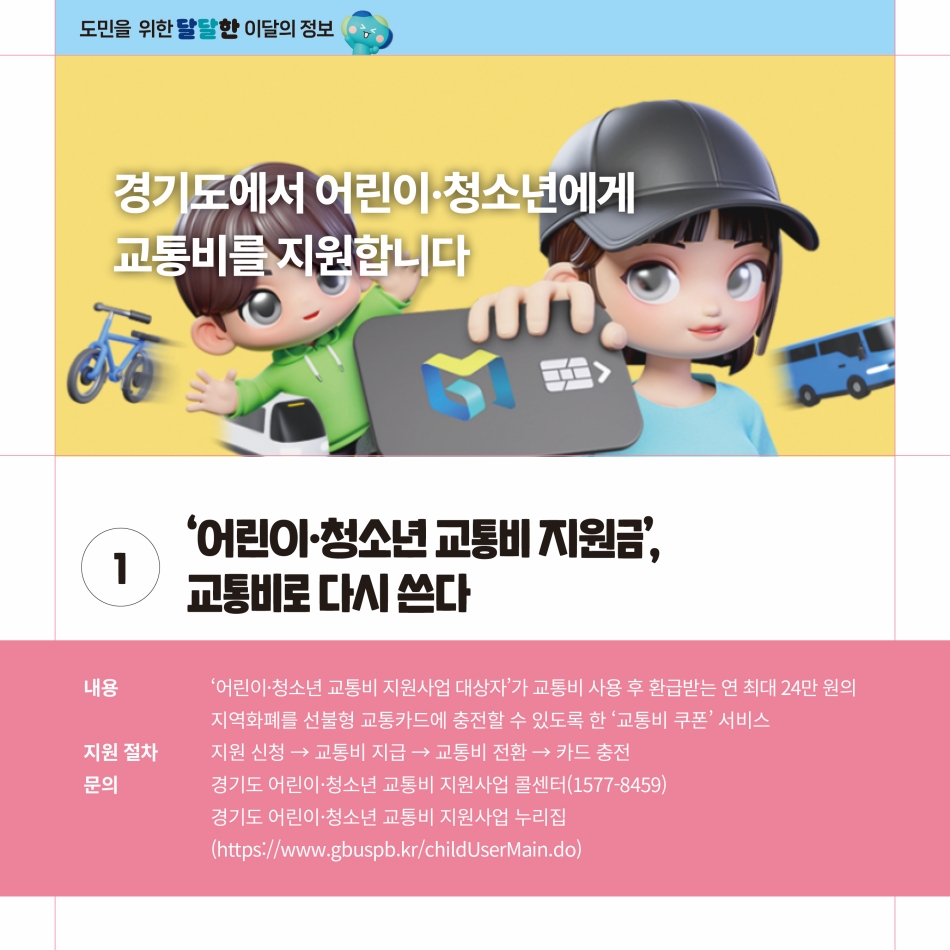어린이·청소년 교통비 지원금은 사업 대상자가 교통비 사용 후 환급받는 연 최대 24만 원의 지역화폐를 선불형 교통카드에 충전할 수 있도록 한 ‘교통비 쿠폰’ 서비스입니다. 지원을 신청하면 교통비를 지급하고, 이후 교통비 전환을 통해 카드를 충전할 수 있습니다. 문의는 사업 담당 콜센터(1577-8459), 공식누리집(https://www.gbuspb.kr/childUserMain.do)로 하면 됩니다. @ 경기도청