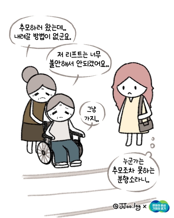 이 사실을 노부부에게 전하자 “추모하러 왔는데, 내려갈 방법이 없군요. 저 리프트는 너무 불안해서 안되겠어요..” “그냥 가지..” 그 모습을 본 나는 ‘누군가는 추모조차 못하는 분향소라니’란 생각이 들었다.