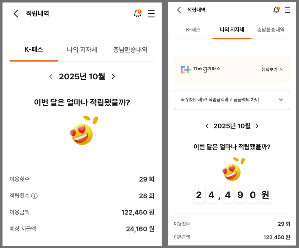K-패스 홈페이지 내 이용 및 적립내역  Ⓒ 서승연 기자