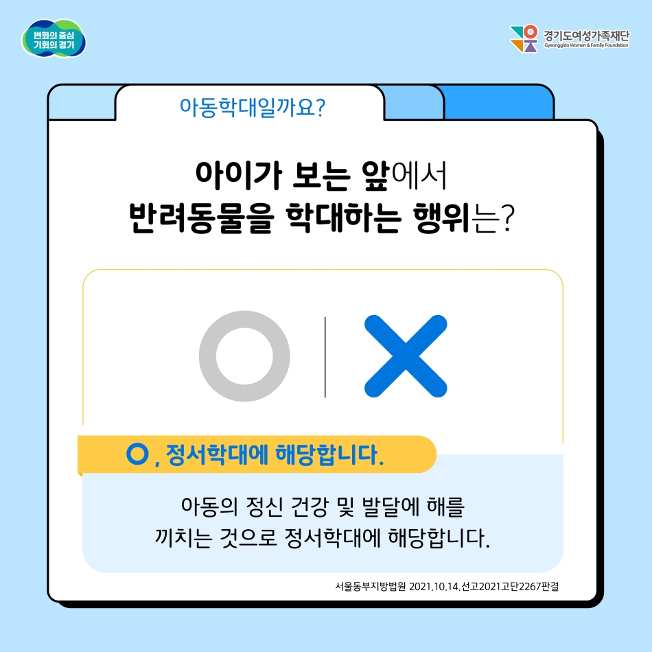 아이가 보는 앞에서 반려동물을 학대하는 일은 아동학대일까요? 정답은 O입니다. 아동의 정신 건강 및 발달에 해를 끼치는 것으로 정서학대에 해당합니다. @ 경기도청