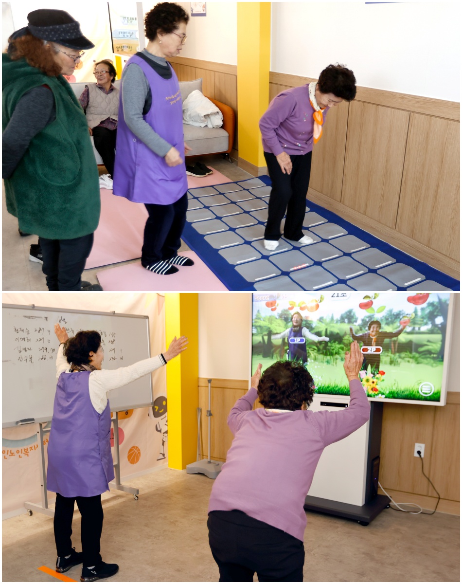 AI 사랑방에는 치매 예방과 인지 사고력 향상을 돕는 다양한 멀티미디어기기(스마트 터치 테이블), 스텝 운동 매트 등이 설치돼있다. ⓒ 경기도청