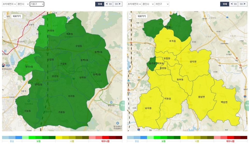 경기도보건환경연구원이 &lsquo;동&rsquo; 단위까지 대기질 정보를 제공하는 &lsquo;대기질 동네 예측 서비스&rsquo;를 시작한다. 사진은 용인시 기흥구와 처인구의 초미세먼지 수치를 &lsquo;동&rsquo; 단위로 비교한 모습. ⓒ대기환경정보서비스 누리집