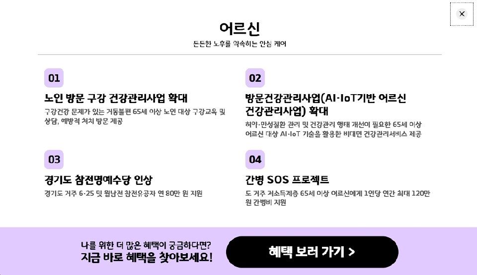 △ 노인이 받을 수 있는 혜택 &copy; 나의 경기 혜택 리포트