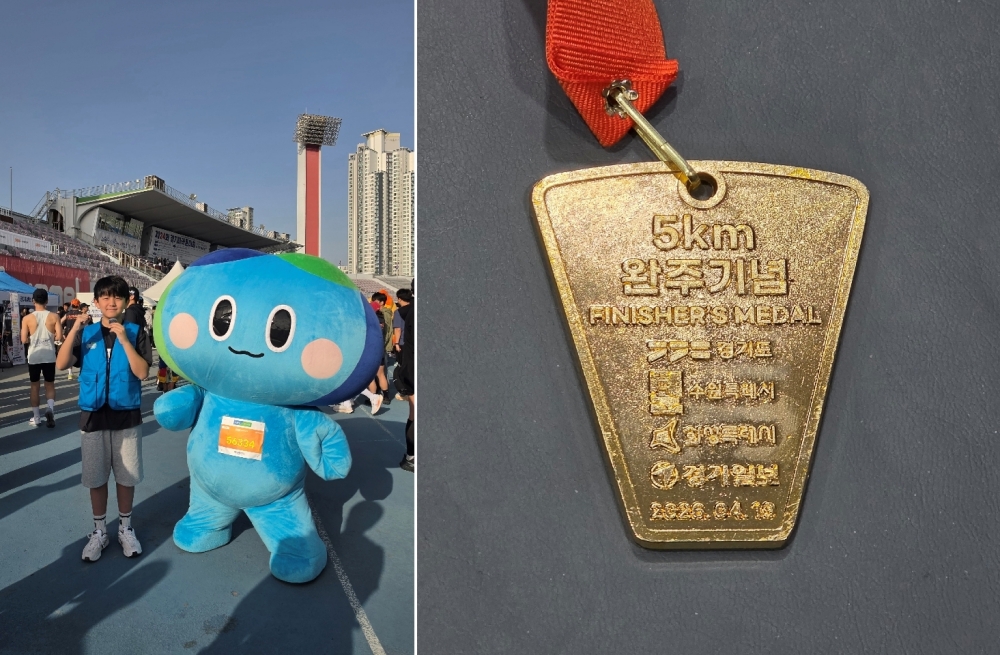 ▲ 봉공이의 인터뷰에 답하는 기자(왼쪽), 5km 코스 완주한 기자의 메달(오른쪽) Ⓒ 권도현 기자