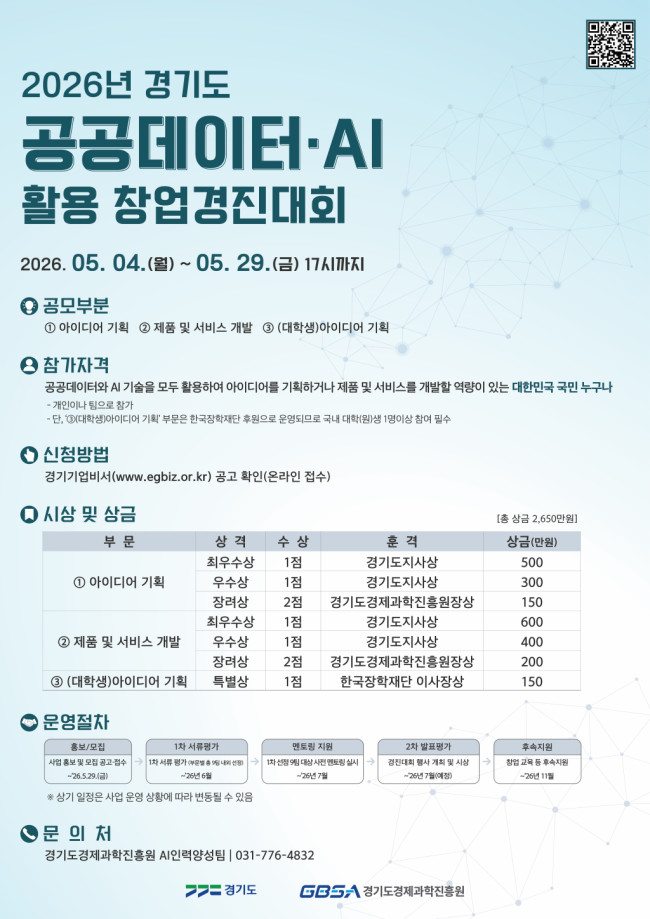 경기도가 &lsquo;2026년 경기도 공공데이터&middot;AI 활용 창업경진대회&rsquo; 참가자를 5월 29일까지 모집합니다. ⓒ 경기도청
