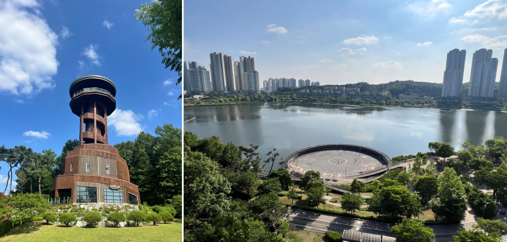 △ 프라이부르크 전망대(왼쪽), 전망대에서 바라본 &lsquo;신비한 물너미&rsquo;와 호수 전경(오른쪽)ⓒ김제이기자