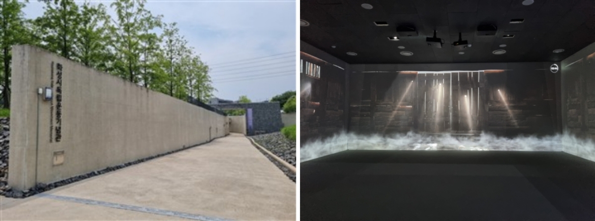 ▲ 화성시독립운동기념관 입구(왼쪽), 박물관 내 제암리 학살 사건 영상(오른쪽)  ⓒ 김주원 기자