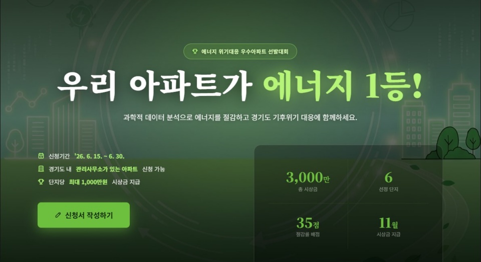 경기도는 오는 30일까지 &lsquo;에너지 위기대응 우수아파트 선발대회&rsquo; 참가 단지를 모집한다. ⓒ 경기도청