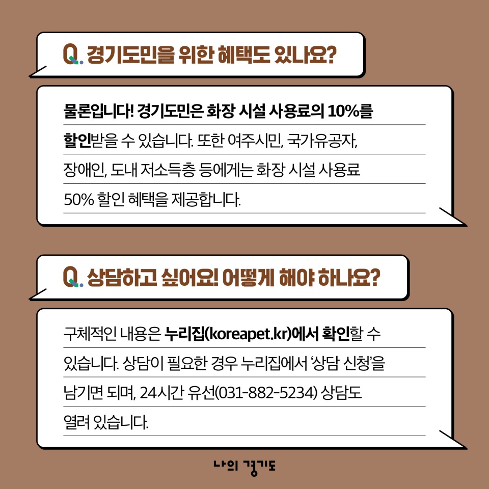 Q. 경기도민을 위한 혜택도 있나요? 물론입니다! 경기도민은 화장 시설 사용료의 10%를 할인받을 수 있습니다. 또 여주시민, 국가유공자, 장애인, 도내 저소득층 등에게는 화장 시설 사용료 50% 할인 혜택을 제공합니다. Q. 상담하고 싶어요! 어떻게 해야 하나요? 구체적인 내용은 누리집(koreapet.kr)에서 확인할 수 있습니다. 상담이 필요한 경우 누리집에서 &lsquo;상담 신청&rsquo;을 남기면 되며, 24시간 유선(031-882-5234) 상담도 열려 있습니다.