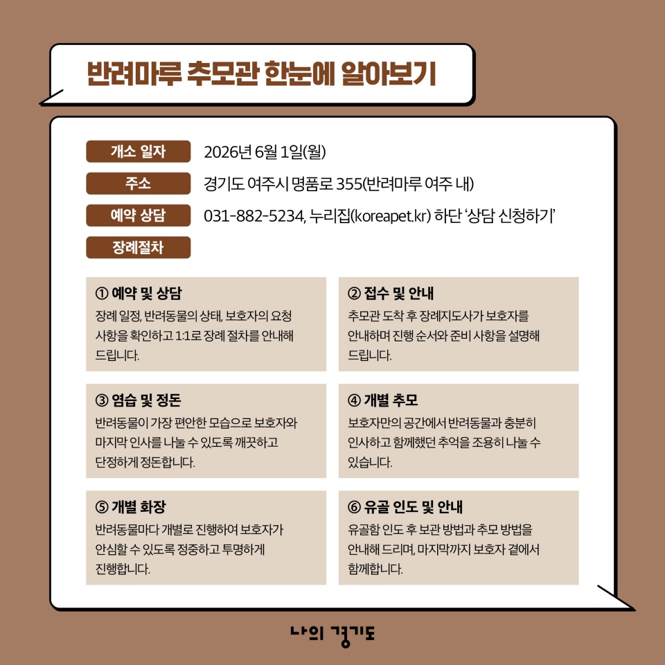 반려마루 추모관 한눈에 알아보기/개소일자: 2026년 6월 1일/주소: 경기도 여주시 명품로 355(반려마루 여주 내)/예약상담: 031-882-5234, 누리집 하단 &lsquo;상담 신청하기&rsquo; ①예약 및 상담: 장례 일정, 반려동물의 상태, 보호자의 요청사항을 확인하고 1:1로 장례 절차를 안내해 드립니다. ②접수 및 안내: 추모관 도착 후 장례지도사가 보호자를 안내하며 진행 순서와 준비 사항을 설명해 드립니다. ③염습 및 정돈: 반려동물이 가장 편안한 모습으로 보호자와 마지막 인사를 나눌 수 있도록 깨끗하고 단정하게 정돈합니다. ④개별 추모: 보호자만의 공간에서 반려동물과 충분히 인사하고 함께했던 추억을 조용히 나눌 수 있습니다. ⑤개별 화장: 반려동물마다 개별로 진행해 보호자가 안심할 수 있도록 정중하고 투명하게 진행합니다. ⑥유골 인도 및 안내: 유골함 인도 후 보관 방법과 추모 방법을 안내해 드리며, 마지막까지 보호자 곁에서 함께 합니다.