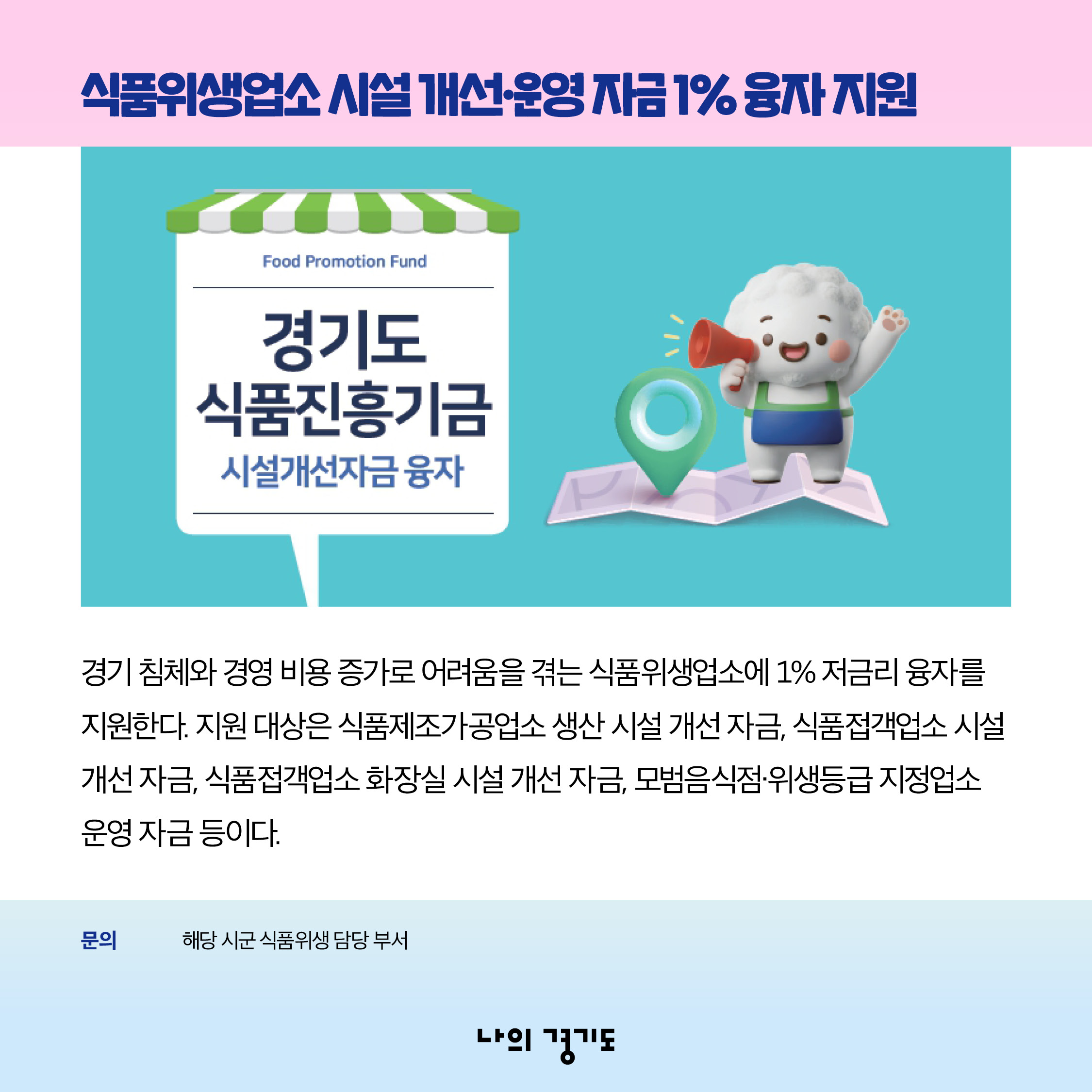 경기 침체와 경영 비용 증가로 어려움을 겪는 식품위생업소에 1% 저금리 융자를 지원합니다. 지원 대상은 식품제조가공업소 생산 시설 개선 자금, 식품접객업소 시설 개선 자금, 식품접객업소 화장실 시설 개선 자금, 모범음식점&middot;위생등급 지정업소 운영 자금 등입니다. 문의: 해당 시군 식품위생 담당 부서 ⓒ 경기도청