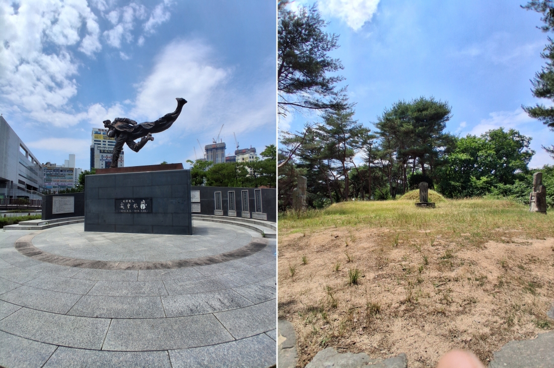 ▲ &lsquo;평화통일테마공원&rsquo; 내 안중근 의사의 동상(왼쪽)과 의병장 &lsquo;정문부 장군&rsquo;의 묘(오른쪽)  ⓒ 오승훈 기자
