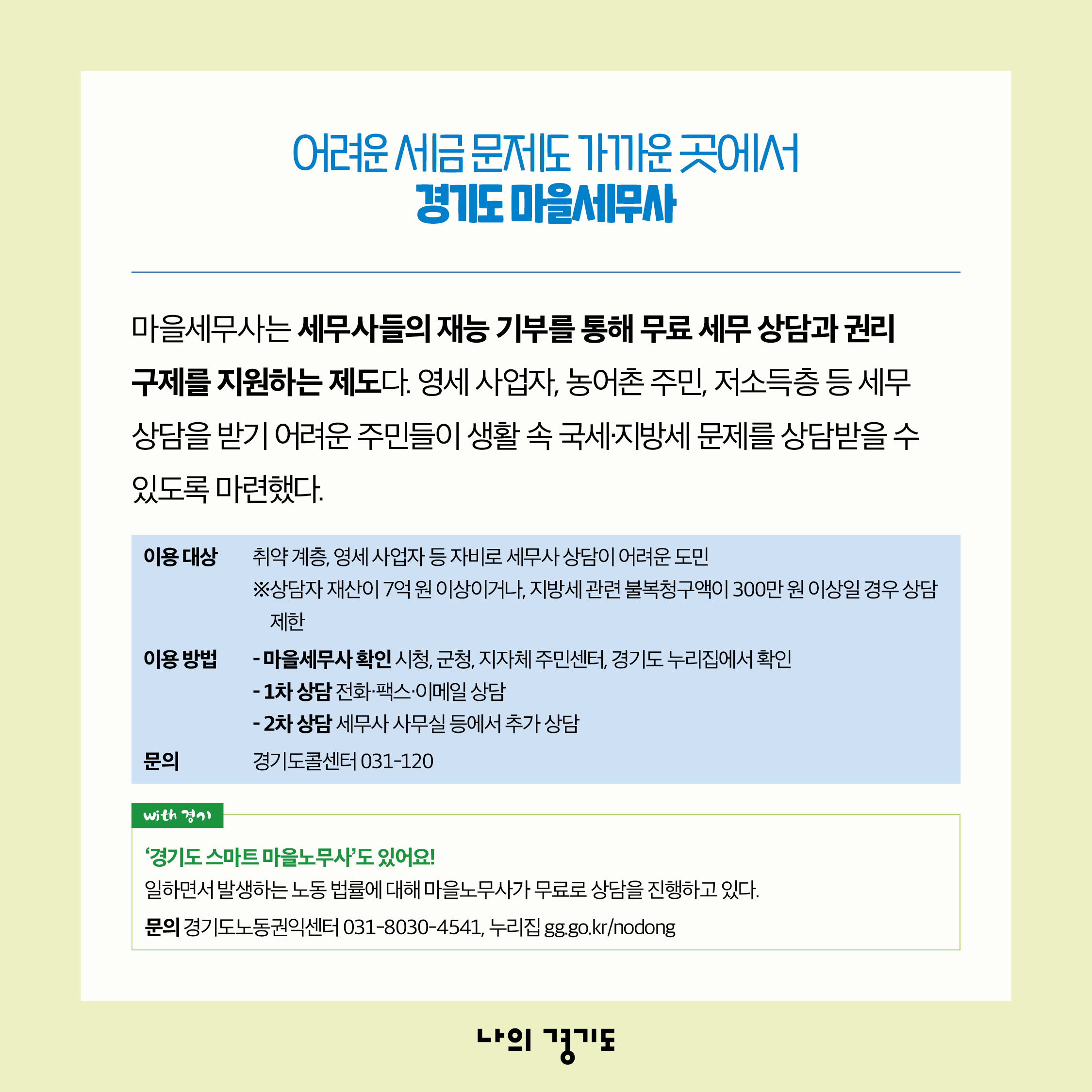 마을세무사는 세무사들의 재능 기부를 통해 무료 세무 상담과 권리구제를 지원하는 제도입니다. 영세 사업자, 농어촌 주민, 저소득층 등 세무상담을 받기 어려운 주민들이 생활 속 국제, 지방세 문제를 상담받을 수 있습니다.  (예약은 시청, 군청, 지자체 주민센터, 경기도 누리집에서 마을세무사를 확인 후 1차(전화 등), 2차(사무실 등)에서 진행합니다. 문의는 경기도 콜센터(031-120)으로 하면 됩니다.) 이외에 일하면서 발생하는 노동 법률에 대해 마을노무사가 무료로 상담하는 서비스도 있습니다. (문의는 경기도노동권익센터(031-8030-4541), 누리집(gg.go.kr/nodong)) ⓒ 경기도청