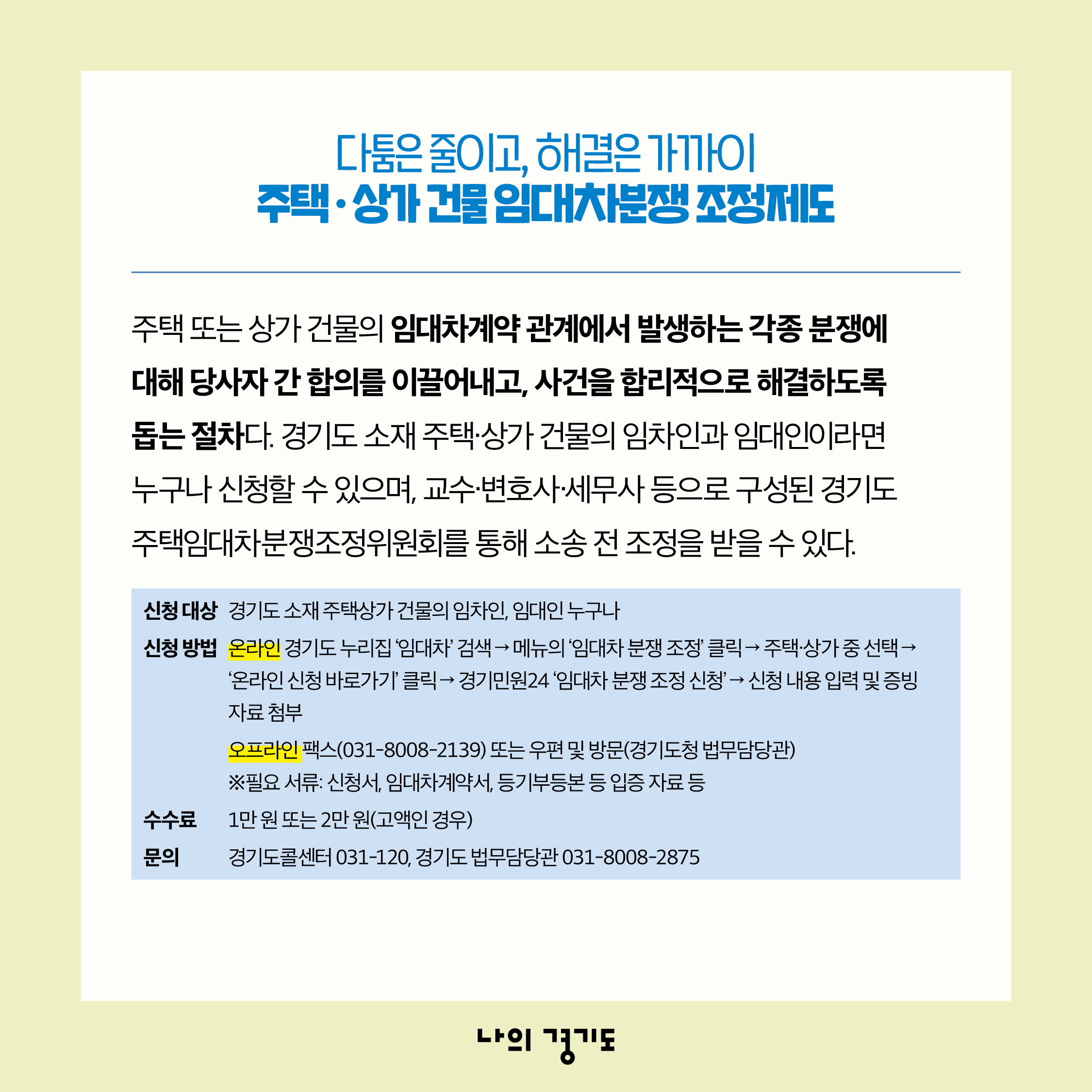 주택 또는 상가 건물의 임대차계약 관계에서 발생하는 각종 분쟁에 대해 당사자 간 합의를 이끌어내고, 사건을 합리적으로 해결하도록 돕는 &lsquo;주택&middot;상가 건물 임대차분쟁 조정제도&rsquo;도 있습니다. 경기도 소재 주택, 상가 건물의 임차인과 임대인이라면 누구나 신청할 수 있으며, 교수, 변호사, 세무사 등으로 구성된 경기도 주택임대차분쟁조정위원회를 통해 소송 전 조정을 받을 수 있습니다. 문의는 경기도 콜센터(031-120), 경기도 법무담당관(031-8008-2875)로 하면 됩니다. (신청은 경기도 누리집에서 &lsquo;임대차&rsquo;를 검색 후 &lsquo;임대차 분쟁 조정&rsquo;을 클릭 해 진행 가능)  ⓒ 경기도청