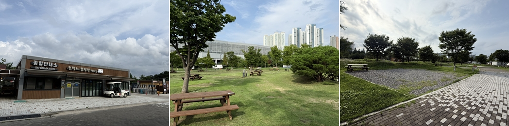 캠핑장 내 종합 안내소와 캠핑존의 모습 ⓒ 안주형 기자