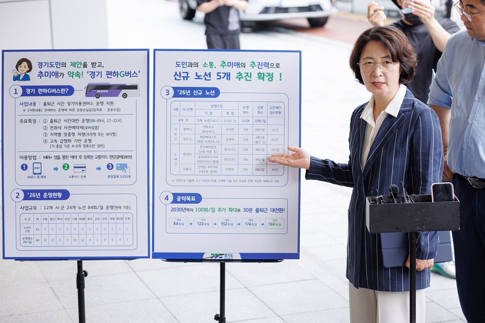 7월 20일 오후 성남시 판교역 동편 정류소 인근에서 추미애 경기도지사가 경기편하G버스 확대 관련 기자회견을 하고 있다. ⓒ 경기도청
