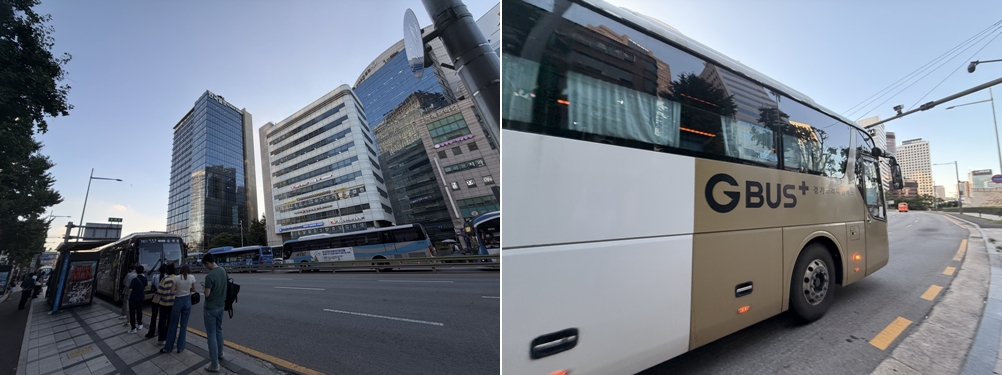 경기편하G버스 앞에 줄 선 사람들, 경기편하G버스 옆면 ⓒ 차준호 기자