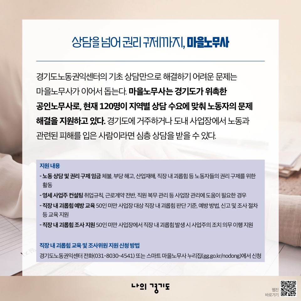상담을 넘어 권리 구제까지, 마을노무사: 경기도노동권익센터의 기초 상담만으로 해결하기 어려운 문제는 마을노무사가 이어서 돕는다. 마을노무사는 경기도가 위촉한 공인노무사로, 현재 120명이 지역별 상담 수요에 맞춰 노동자의 문제 해결을 지원하고 있다. 경기도에 거주하거나 도내 사업장에서 노동과 관련된 피해를 입은 사람이라면 심층 상담 받을 수 있다. 지원내용: 노동 상담 및 권리 구제 임금 체불, 부당 해고, 산업재해, 직장 내 괴롭힘 등 노동자들의 권리 구제를 위한 활동/영세 사업주 컨설팅 취업규칙, 근로계약 전반, 직원 복무 관리 등 사업장 관리에 도움이 필요한 경우/직장 내 괴롭힘 예방 교육 50인 미만 사업장 대상 직장 내 괴롭힘 판단 기준, 예방 방법, 신고 및 조사 절차 등 교육 지원/직장 내 괴롭힘 조사 지원 50인 미만 사업장에서 직장 내 괴롭힘 발생 시 사업주의 조치 의무 이행 지원/직장 내 괴롭힘 교육 및 조사위원 지원 신청 방법 경기도노동권익센터 전화(031-8030-4541) 또는 스마트 마을노무사 누리집(gg.go.kr/nodong)에서 신청