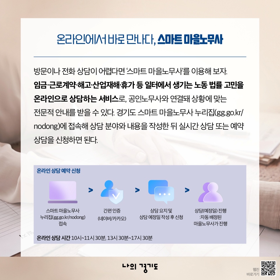 온라인에서 바로 만나다, 스마트 마을노무사: 방문이나 전화 상담이 어렵다면 &lsquo;사마트 마을노무사&rsquo;를 이용해 보자. 임금‧근로계약‧해고‧산업재해‧휴가 등 일터에서 생기는 노동 법률 고민을 온라인으로 상담하는 서비스로, 공인노무사와 연결돼 상황에 맞는 전문적 안내를 받을 수 있다. 경기도 스마트 마을노무사 누리집(gg.go.kr/nodong)에 접속해 상담 분야와 내용을 작성한 뒤 실시간 상담 또는 예약 상담을 신청하면 된다. 온라인 상담 시간 10시~11시 30분, 13시 30분~17시 30분 