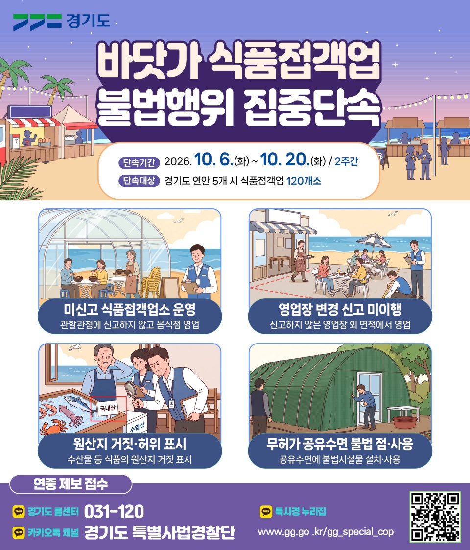 경기도 특별사법경찰단은 10월 6일부터 20일까지 2주간 도내 연안 5개 시 바닷가 주변의 식품접객업소 120곳을 대상으로 불법행위 집중 단속을 시행한다. ⓒ 경기도청