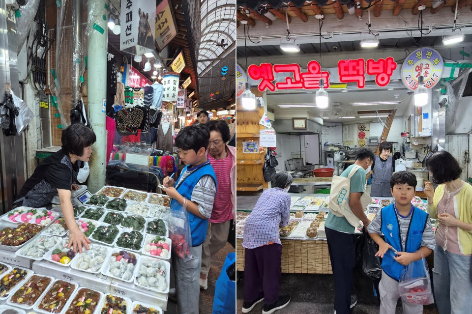 △ 옛고을 떡방 상인과 인터뷰 중인 기자, 인터뷰를 끝내고 바로 손님을 맞느라 바쁜 떡집 &copy; 박창민 기자