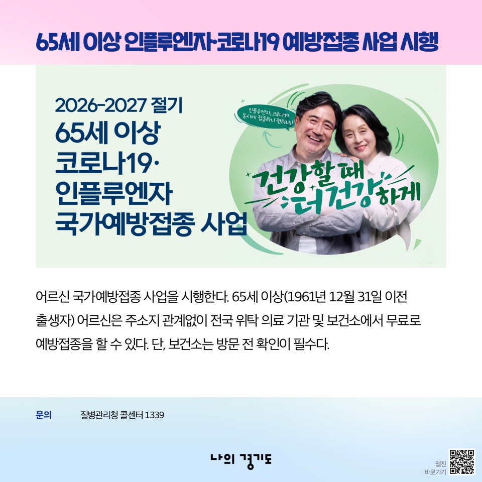 65세 이상 인플루엔자‧코로나19 예방접종 사업 시행-어르신 국가예방접종 사업을 시행한다. 65세 이상(1961년 12월 31일 이전 출생자) 어르신은 주소지 관계없이 전국 위탁 의료 기관 및 보건소에서 무료로 예방접종을 할 수 있다. 단, 보건소는 방문 전 확인이 필수다. 문의: 질병관리청 콜센터 1339