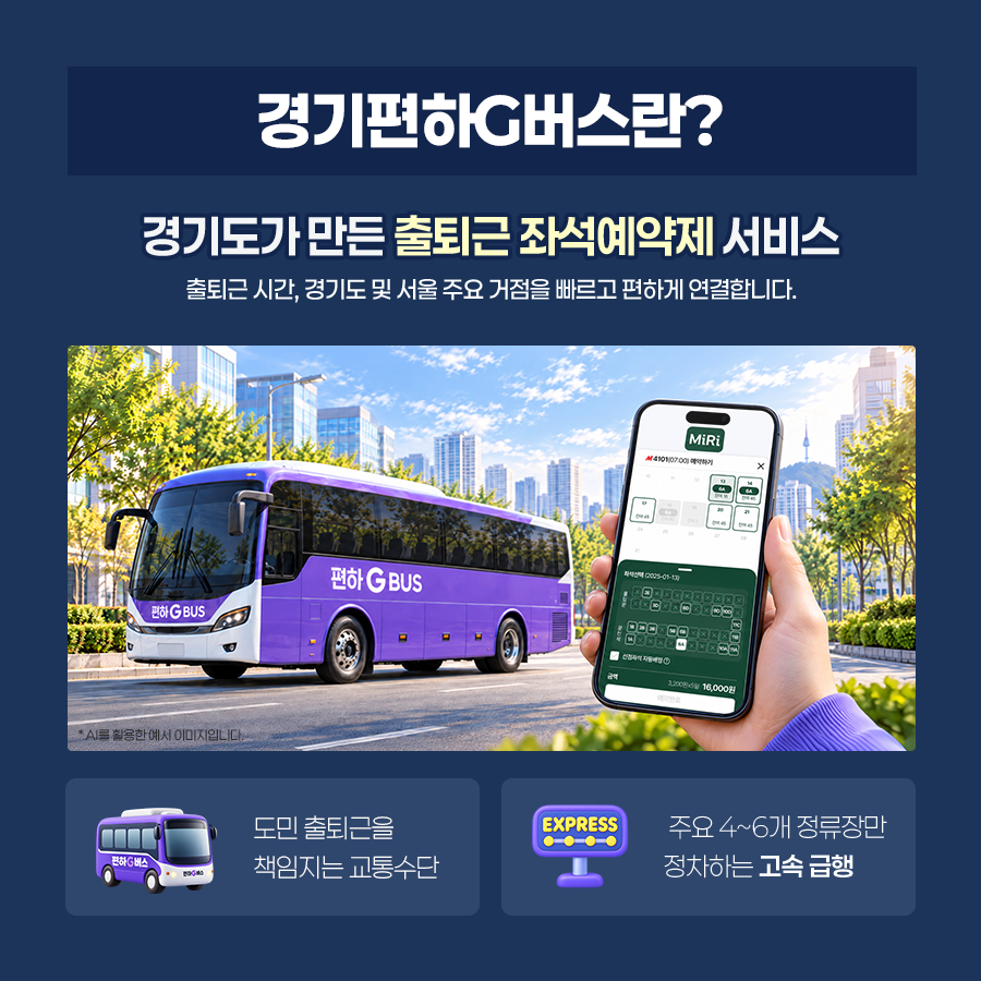 경기편하G버스란? 경기도가 만든 출퇴근 좌석예약제 서비스로 출퇴근 시간, 경기도 및 서울 주요 거점을 빠르고 편하게 연결합니다. 도민 출퇴근을 책임지는 교통수단으로서 주요 4~6개 정류장만 정차하는 고속 급행입니다. ⓒ 경기도청