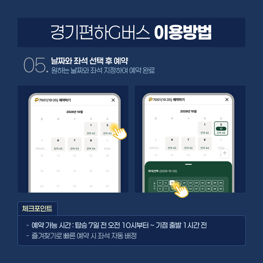 마지막으로 날짜와 좌석을 선택 후 예약하면 됩니다. 예약 가능 시간은 탑승 7일 전 오전 10시부터 기점 출발 1시간 전까지 가능하며, 즐겨찾기로 빠른 예약 시 좌석은 자동으로 배정됩니다. ⓒ 경기도청