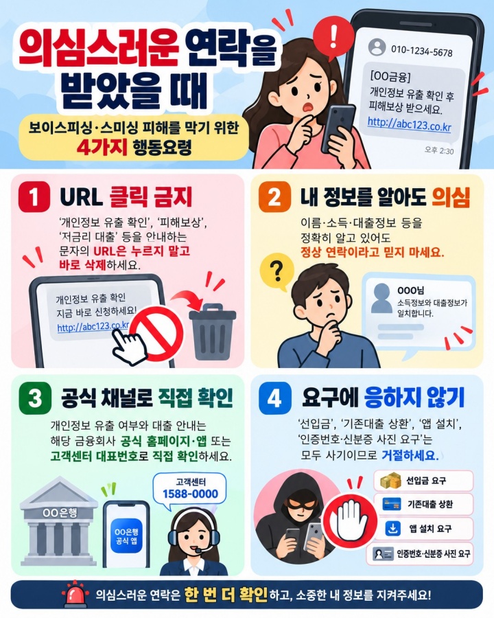 최근 유행하는 피싱 범죄의 수법은 피해보상 안내 URL을 클릭하게 하거나 대출 신청 등의 명목으로 앱의 설치를 요구하는 방식 등이 있다. ⓒ 금융위원회 출처