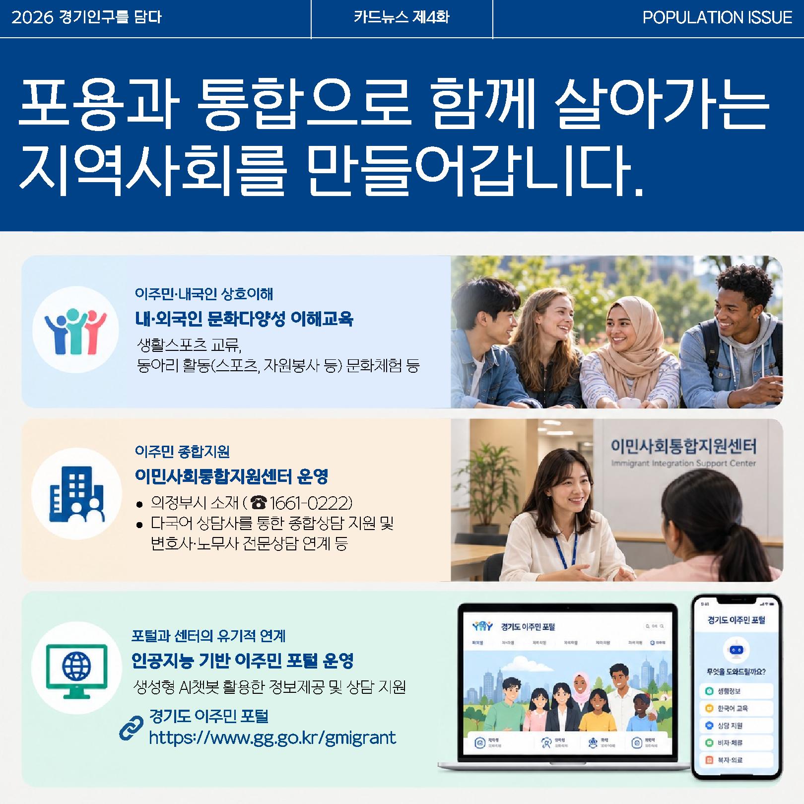 포용과 통합으로 함께 살아가는 지역사회를 만들기 위해 이주민&middot;내국인 상호이해를 위한 내&middot;외국인 문화다양성 이해교육도 실시합니다. 이어 이주민 종합지원을 위한 이민사회통합지원센터를 운영하며 포털과 센터의 유기적 연계를 위해 인공지능 기반 이주민 포털도 운영합니다. ⓒ 경기도청