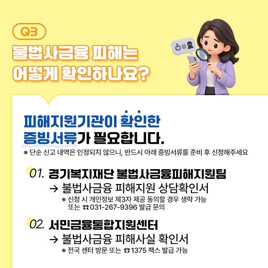 불법사금융 피해 사실 확인은 피해지원기관이 확인한 증빙 서류가 필요합니다. 이때 단순 신고 내역은 인정되지 않으니 반드시 증빙서류가 필요합니다. 먼저 경기복지재단 불법사금융피해지원팀에서 불법사금융 피해지원 상담확인서를 받아야 합니다. 신청 시 개인정보 제3자 제공 동의할 경우 생략 가능하며, 또는 031-267-9396으로 발급 문의하면 됩니다. 또는 서민금융통합지원센터에서 불법사금융 피해사실 확인서를 떼면 됩니다. 전국 센터를 방문하거나 1375 펙스로 발급할 수 있습니다. ⓒ 경기도청