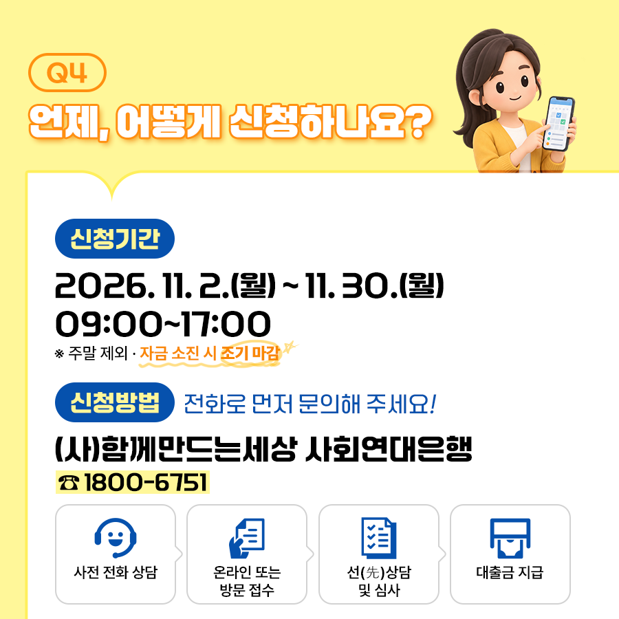 신청 기간은 11월 2일부터 30일까지로 시간 대는 오전 9시부터 오후 5시까지입니다. 주말은 제외되며 자금 소진 시 조기 마감될 수 있습니다. 신청 방법은 전화로 먼저 문의해야 하며, ㈔함게만드는세상 사회연대은행(1800-6751)로 하면 됩니다. 사전 전화 상담 이후 온라인 또는 방문 접수를 진행하고 선(先)상담 및 심사를 진행합니다. 이후 대출금이 지급됩니다. ⓒ 경기도청