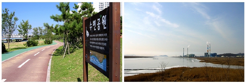 좌) 수변공원임을 알려주는 팻말. 우) 수변공원에서 바라본 시화호와 반월공단.