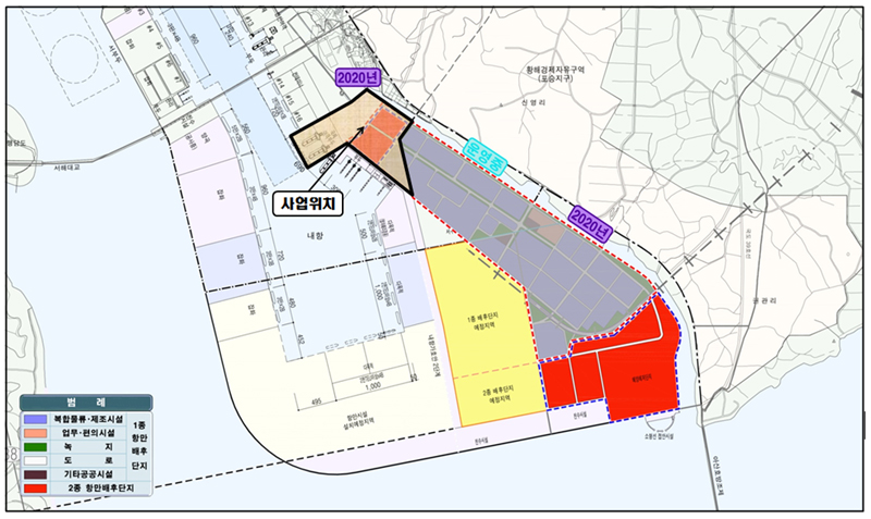 경기도가 평택항 국제여객부두 건립사업을 곧 사업이 진행될 2단계 2종 항만배후단지 사업에 포함해 동시에 개발하는 방안을 검토하고 있다고 밝혔다. 평택항 신(新)국제여객부두 건립사업 위치 및 현황도.