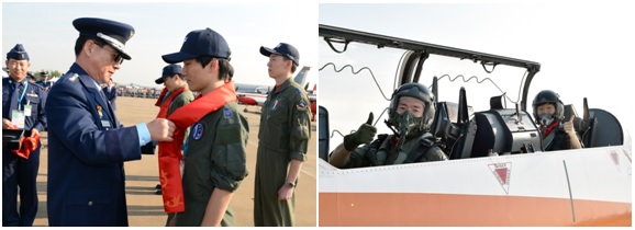 최차규 공군참모총장(왼쪽 두번째)이 명예 공군 조종사들에게 공군의 상징 빨간마후라를 매주고 있는 모습(왼쪽)과 하이택싱 프로그램에서 포즈를 취하고 있는 조종사들(오른쪽)