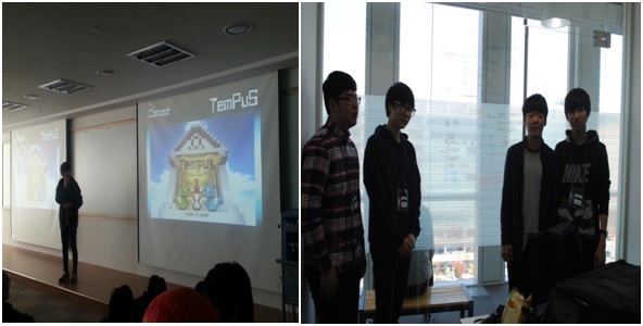 앱잼에서 프로그램을 발표하고 있는 ’TemPuS’팀 (왼쪽), 개발한 프로그램을 설명하고 있는 ‘엄마허락좀’팀(오른쪽)