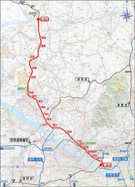 파주 문산과 서울 용산을 잇는 경의선 48.6㎞ 복선전철이 27일 전 구간 개통된다. 경의선 복선전철 노선도.
