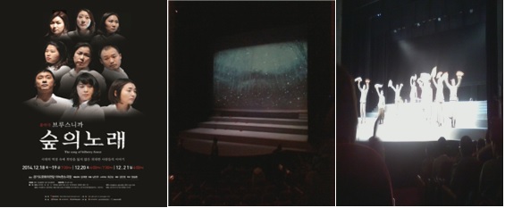 음악극 ‘브루스니까 숲의 노래’의 공연 포스터(왼쪽), 무대의 모습(가운데), 공연 후반부의 한 장면(오른쪽)