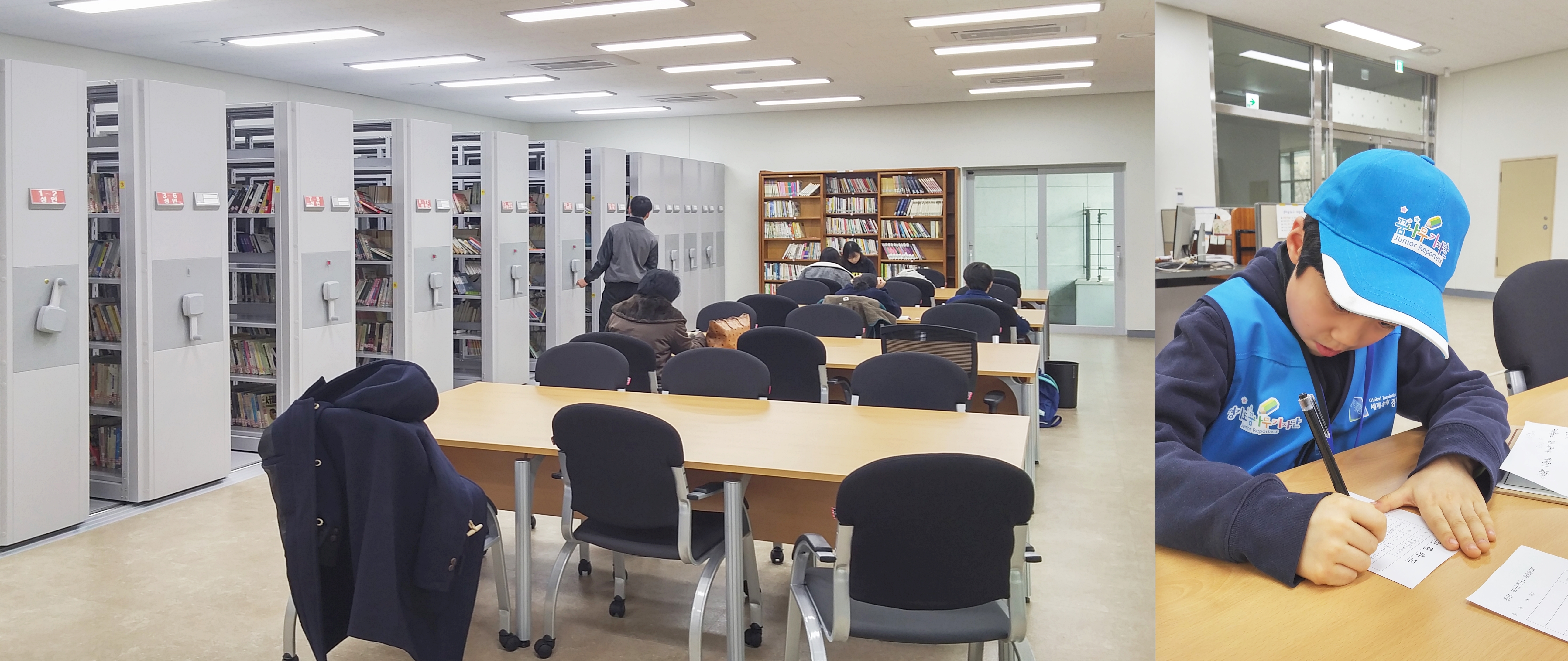 책장 사이 간격이 조절되는 도서관 내부 모습과 도서관 회원증을 만들고 있는 윤찬민 기자