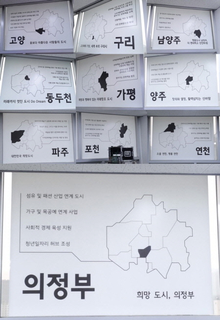 경기문화재단 북부사무소의 창에 장식되어 있는 경기북부 문화예술 지형도.