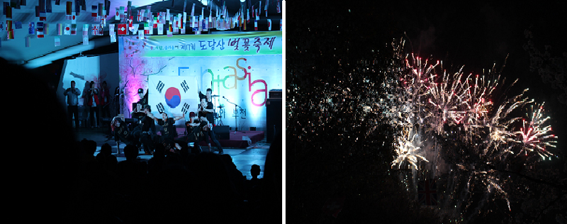 개회식 때 펼쳐진 부천 공식 비보이팀 진조 크루의 공연(왼쪽)과 불꽃놀이(오른쪽)