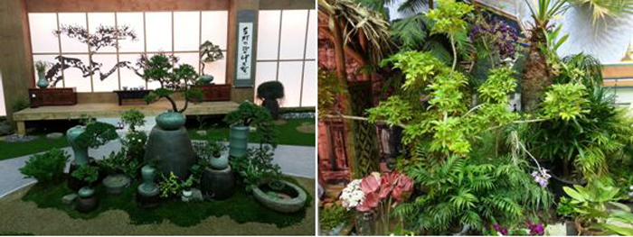 세계화훼교류관 내의 한국 정원(왼쪽)과 태국 정원(오른쪽)